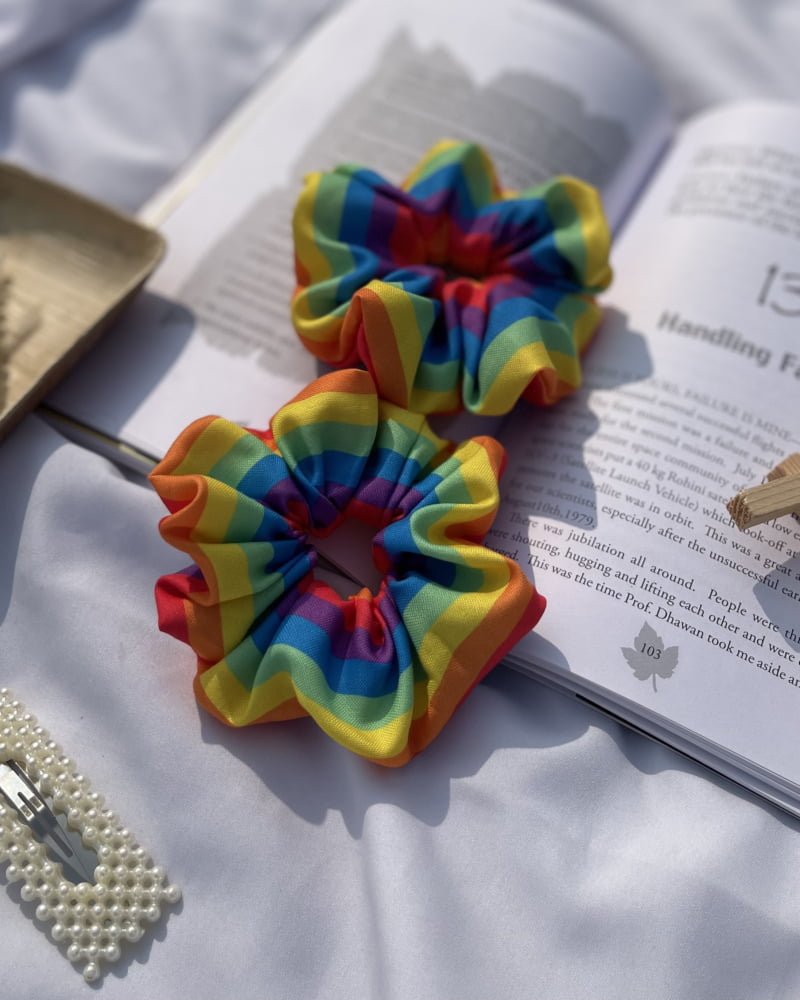 LGBTQ-inspired Pride scrunchies, perfect for adding a touch of diversity and equality to your hairstyles, embracing the vibrant colors of the LGBTQ community.