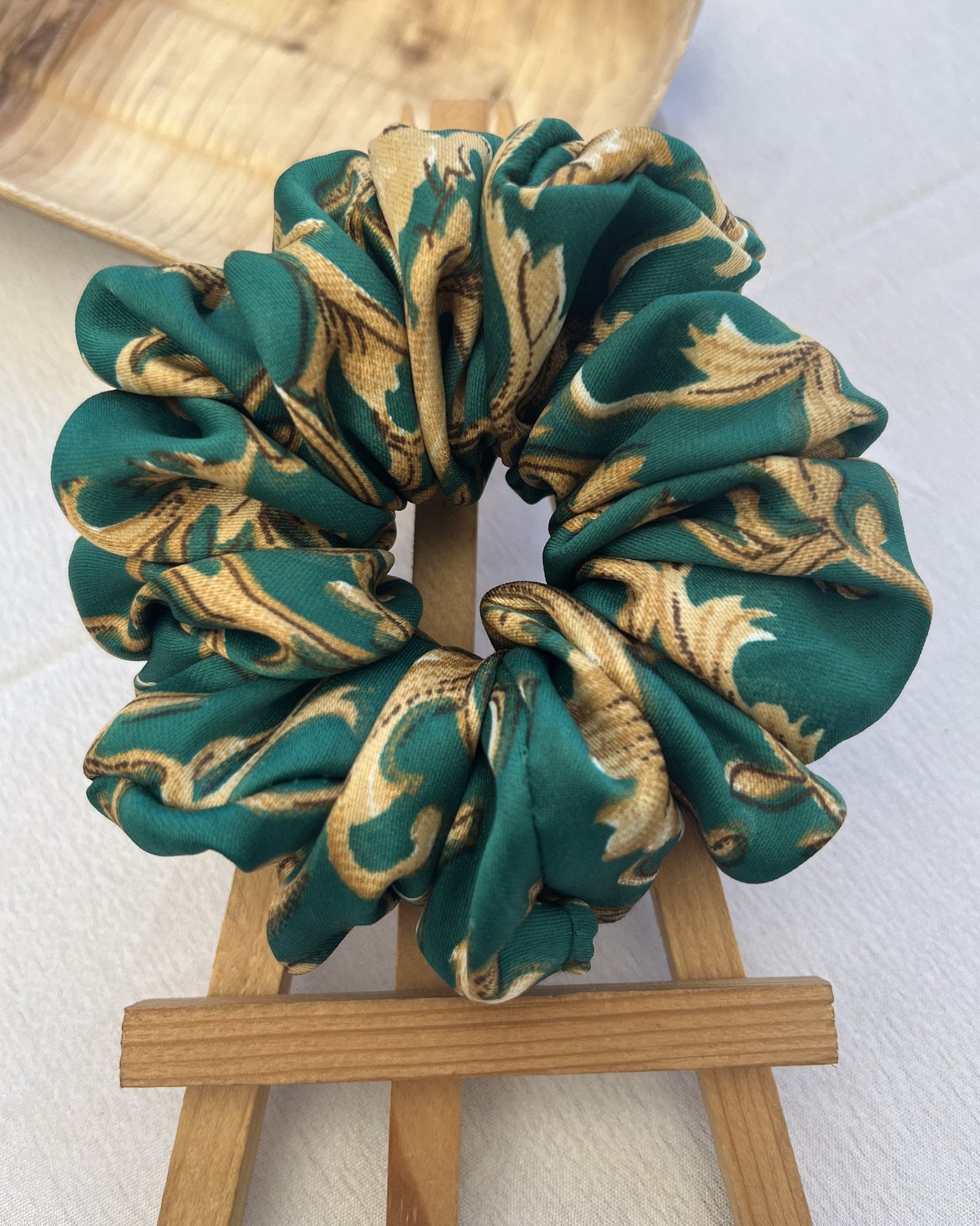 Stylish Emerald Gold scrunchies with luxurious green and gold tones, perfect for adding a chic and glamorous touch to your hairstyles,